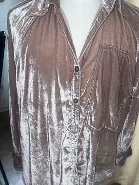 Free People Shimmering Taupe Velvet Button-Down Shirt